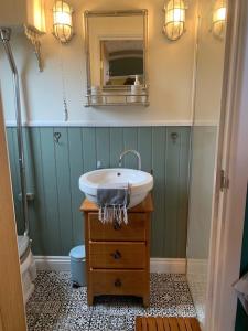 SwayShepherds Hut with Scandinavian Hot Tub and hydromassager的一间带水槽和镜子的浴室