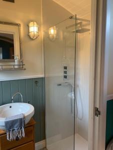 SwayShepherds Hut with Scandinavian Hot Tub and hydromassager的一间带玻璃淋浴和水槽的浴室
