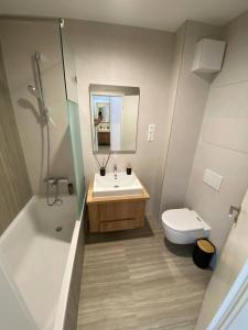 巴拉通雷勒Premium Lelle Waterfront Resort Clyde的一间带水槽、卫生间和淋浴的浴室