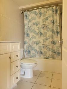 大洋城Sunbeach Condo 900 Wesley Avenue Unit 109的一间带卫生间和淋浴帘的浴室