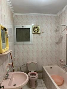 法尤姆Azzam Guest House 1 families only的浴室设有粉红色的卫生间、浴缸和水槽。