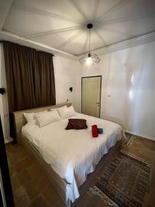 Yarkaסוויטה בכפר ירכא的卧室配有一张白色大床,上面装有红色的袋子