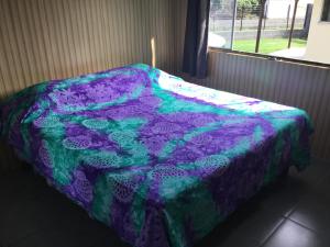 帕佩托艾Fare To'erau & Mara'amu的带窗户的客房内的紫色和绿色的床