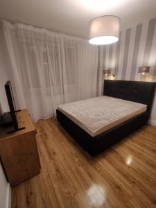 华沙Fajny apartament z parkingiem, obok metra.的一间卧室配有一张床和一台电视,铺有木地板