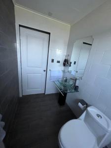 奇廉LETICE LODGE Chillán的一间带卫生间、水槽和门的浴室