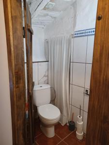 BelCasa Leonor的一间带卫生间和淋浴帘的浴室