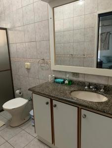 布卢梅瑙Suíte Aconchego的一间带水槽、卫生间和镜子的浴室
