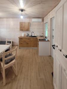 波德古任Szary Domek w Karkonoszach的铺有木地板的厨房、桌子和柜台