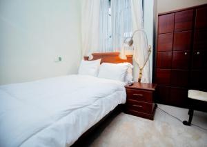 OteleAduk Guest House Airport City Accra的一间卧室配有一张床、一个梳妆台和一扇窗户。