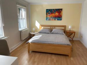 新勃兰登堡große Wohnung zentral gelegen的卧室配有一张床,墙上挂有绘画作品