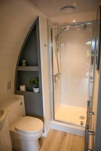 因弗戈登Newmore Highland Pods with Hot Tubs on NC500的带淋浴、卫生间和盥洗盆的浴室