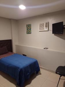 圣米格尔·德·图库玛Lorenzo Suites Hotel的卧室配有一张床,墙上配有电视。