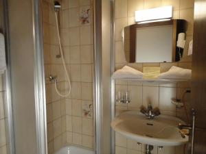 罗伊特克罗尔餐厅酒店的浴室配有盥洗盆和带镜子的淋浴