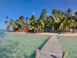 WaisalatupoPrivate Over-Water Cabin on paradise San Blas island的通往棕榈树海滩的木道