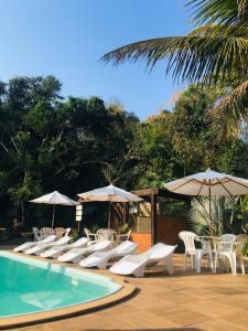 南帕莱巴Sarandy Hotel Eco Parque的一组椅子和遮阳伞,位于游泳池旁
