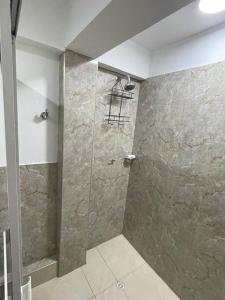 普罗维登西亚POSADA VILLA BRYAN的带淋浴的浴室(带石墙)