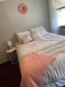 昆西2-Bedroom Quincy Apt. with private parking & Wifi的一间卧室配有一张床铺,床上铺有粉色毯子