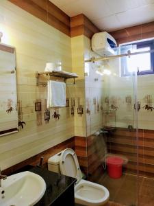 大叻NHÀ GÓC PHỐ Đà Lạt的浴室配有卫生间、盥洗盆和淋浴。