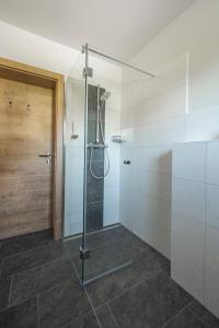 巴德哥依斯恩good-goisern hotel的浴室里设有玻璃门淋浴