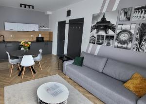 塔塔Dotis Apartman Tata的客厅配有灰色的沙发和桌子