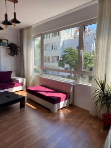 伊斯坦布尔Comfortable house in Üsküdar İstanbul Turkey的带沙发和大窗户的客厅