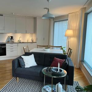 卡尔斯克鲁纳Studio Living的一间带蓝色沙发的客厅和一间厨房