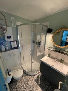 霍尔斯泰因地区诺伊斯塔特Ostsee Liebe的带淋浴、卫生间和盥洗盆的浴室