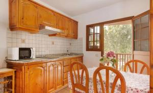 圣卢西亚Holiday Cottage Santa Lucía 1的厨房配有木制橱柜和带微波炉的桌子。