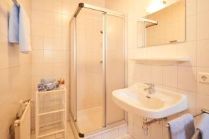 费尔兹姆斯Mittersteghof,的白色的浴室设有水槽和淋浴。