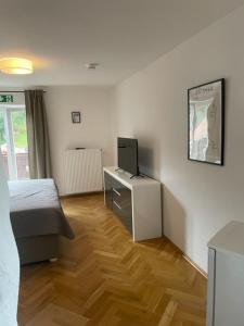 施莱兴WuhrsteinHaus的一间卧室配有一张床和一张书桌及电视
