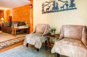 东斯特劳兹堡Pocono cabin with private pool at Shawnee Mtn的客厅配有两把椅子和一张桌子