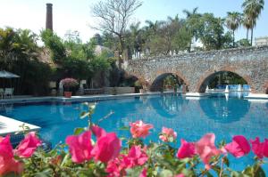 特克塞丁戈何尔摩沙景观庄园酒店的一座带石桥和粉红色鲜花的游泳池