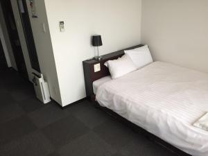 大村市Omura Station Hotel的一间酒店客房,配有一张床和一张桌子上的台灯