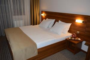 帕莱达米斯酒店的一间卧室配有一张大床和木制床头板