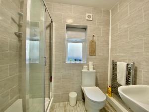 利兹Tong Apartments的浴室配有卫生间、盥洗盆和淋浴。