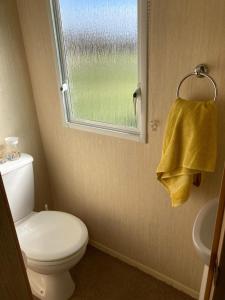 Stevenston367 Caravan的一间带白色卫生间的浴室和窗户。