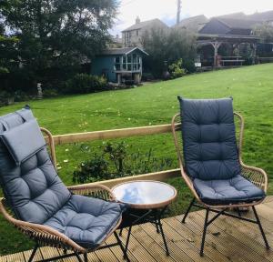 艾斯加斯The Hut in the Orchard @ Yorecroft的庭院设有两把椅子和一张茶几