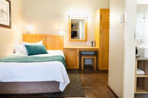 卡图Kathu Gamagara Lodge的一间卧室配有一张床、一张书桌和一面镜子