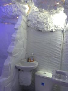 麦德林Glamping Spa & Coffee Tour的白色的浴室设有卫生间和水槽。