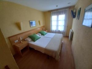 CantonigrosHostal Cabrerès的一间卧室配有一张带绿色枕头的床和一扇窗户