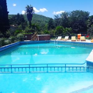 拉库布蕾Hosteria Pastoral & Spa的一个带椅子和树木的大型蓝色游泳池