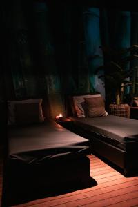 博克斯特尔Bed & Wellness Boxtel的黑暗的房间里设有两张床,上面有蜡烛