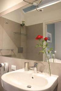 罗马Roma Capoccia in Vaticano的浴室水槽,镜子里装有红色玫瑰