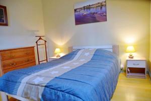 卢瓦尔河畔普伊Gîte des Chaumiennes的一间卧室配有一张蓝色的床、两张桌子和两盏灯。