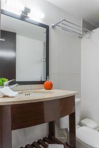 坎昆Pako Stays - Luxurious & Spacious 2 Bedroom Apartments Close to the Beach, Free Wi-Fi, Ideal Location in Downtown Cancun Centro的一间带水槽和镜子的浴室