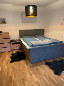 格拉茨LevelUp 2 Living Graz m. SelfCheckIn的卧室配有一张床,地板上铺有2个地毯。