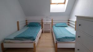 亚斯塔尔尼亚Wiatr i Woda Jastarnia的小型客房设有两张单人床和窗户。