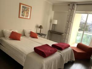 阿卡雄Appartement Arcachon, 3 pièces, 4 personnes - FR-1-374-71的一间卧室配有一张带两个红色枕头的床