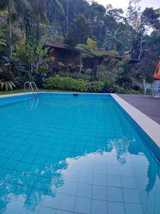 新弗里堡Lumiar Eco Lodge - Chalé Pedra Riscada的一座位于房子前方的蓝色瓷砖游泳池