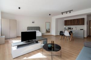 雅典Leochares Lifestyle Apartments - Self check-in的客厅配有沙发床和平面电视